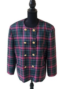 UC2 - Vintage Plaid Double-Breasted Blazer Jacket with Gold Buttons - Green & Pink Tartan
