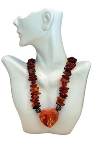 Amber Beaded Necklace - Snakeskin Agate Pendant