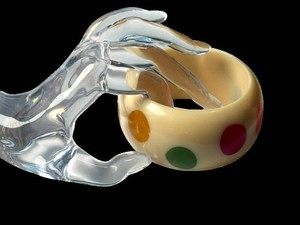 Vintage Shultz Style Artisan Bakelite Chunky Bangle Bracelet - Inlaid Multi-Color Polka Dots
