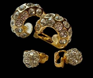 Vintage Christian Dior Rhinestone Hoop Earrings & Unmarked Pave Ball Studs (2 Pairs)