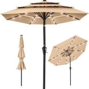 Garvee 9 ft. Patio Umbrella with Lights, 3 Tier Outdoor Umbrella, Beach Umbrella,Khaki