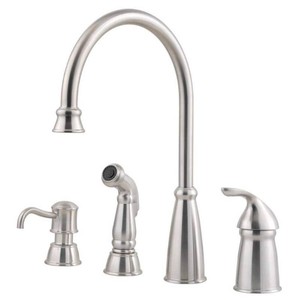 Pfister Avalon Single Handle High-Arc Standard Kitchen Faucet with Side Sprayer and Soap Dispenser in Stainless Steel