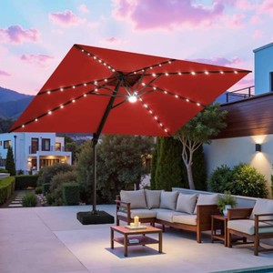 Crestlive Products 11 ft. x 9 ft. Cantilever Patio Umbrella wSolar Lights  Double Top Outdoor Pool Umbrella in Red