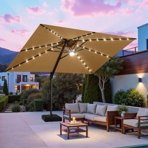 Crestlive Products 11 ft. x 9 ft. Cantilever Patio Umbrella wSolar Lights Double Top Outdoor Pool Umbrella in Tan