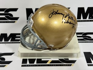 Johnny Lattner Autograpj w Heisman Inscription Notre Dame Mini Football Helmet
