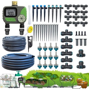 Drip Irrigation System with Water Timer(Dual System) Plug-in Quick Connection Drip Irrigation Kit 516ID and 14 Inch Pipe Auto Watering System for Garden Spray, Greenhouse, Lawn, Potted Plants