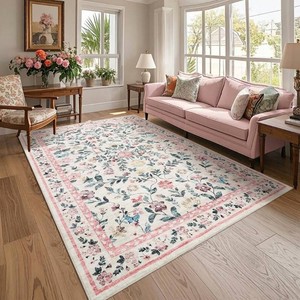 GarveeHome 8x10 Washable Floral Area Rug for Living Room Low Pile Pink