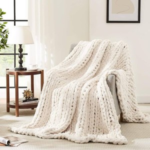 LAGRATY Chunky Knit Throw Blanket for Couch, 50 x 60 Knit Throw, Ivory