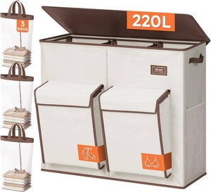 SOLEDI 220L Laundry Hamper 3 Section with Lid and 2 Side Pockets
