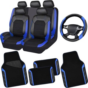 CAR PASS Air Mesh Leather Car Seat Covers Full Set, Waterproof Car Floor Mats, Sporty Steering Wheel Cover 14.5-15in, Universal Fits for 95% Cars Truck SUV (Black and Blue)