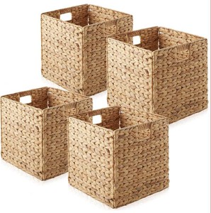 Casafield 12 x 12 Water Hyacinth Storage Baskets, Natural - Set of 4 Collapsible Cube Organizers, Woven Bins for Bathroom, Bedroom, Laundry, Pantry, Shelves