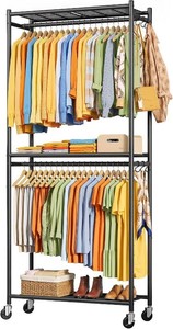 Sakugi Clothes Rack - 33.0 x 12.2 x 79.5 Clothing Rack with Shelves & Wheels, Multi-Functional Wardrobe Closet with Hooks, Sturdy Metal Garment Rack for Bedroom, Laundry, Balcony (Black)