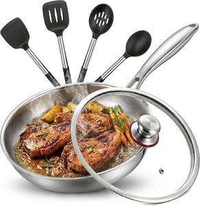 $140 Titanium Frying Pan, Hammered Non-Stick Skillet with Glass Lid & 4 Spatulas, PFASPFOAPTFE-Free, Tri-Ply Stainless Steel, Induction & Oven Safe, Dishwasher Safe Cookware