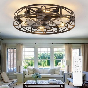 Depuley Flush Mount Ceiling Fan 24 Caged Ceiling Fans with Remote Control for Patio Kitchen Bedroom - Low Profile Fandelier Lights Fixture Reversible 6 Speed Timer Brone 6E26 Bulb Not Included
