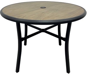 Round Steel Patio Dining Table, 40-Inch Diameter, Natural Wood Appearance  Seasonal Trends  Model H23S7407A  Est. Retail $270