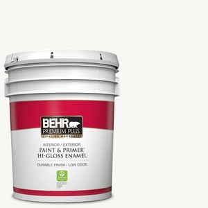 Shady White (ECC-57-2) Premium Plus Ultra Pure White Hi-Gloss Enamel InteriorExterior Paint &amp Primer, 5 Gallon  Behr  Model 815005  Est. Retail $179