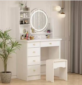 5-Drawer Makeup Vanity Set with Stool, LED Round Mirror and Storage Shelves  FUFU&GAGA  Model KF210095  Est. Retail $117