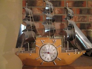 Vintage Decorative Yankee Clipper Nautical clock with Wood block base, metal sails and accents
