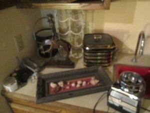 Vintage carved wood figure, ice buckets, Sears deluxe blender Base and other goodies shown in pics