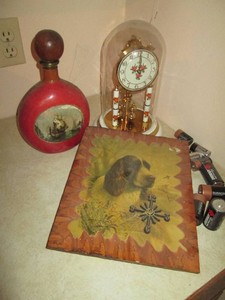 Vintage Fausto wrapped decanter, mid century Torsion anniversary clock and wood plaque clock