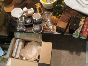 Depression era green glass candy dish, glass ashtrays, duck planter, pyrex bowls and other Vintage goodies