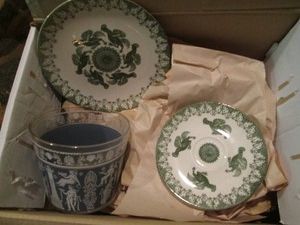 Vintage Knowles rooster themed plates plus Roman themed glass ice bucket