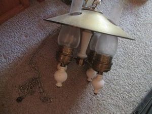 Vintage brass saucer style multi-bulb glass hurricane chimney light fixture
