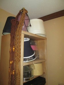 Table lamp, light fixture, macra-me hanging plant holders and variety of lamp shades