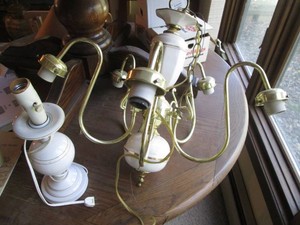 Brass tone and porcelain candleabra style hanging light fixture plus table lamp