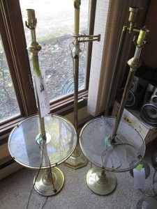 (2) Freestanding metal base floor lamps plus (2) decorative dual purpose lamptables