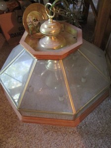 Vintage glass panel wood framed pendulum light fixture