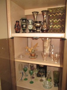 Collection of assorted decorative vases, Tiffany style dish, textured pitcher with matching glasses and other Vintage goodies shown