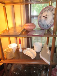 Variety of vintage glass lamp shades, light fixtures, vintage leaf ashtray and misc home decor