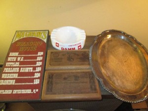 Vintage reproduction United States Bank notes, vintage ashtray, silver tone platter and wall decor
