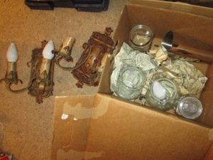 Decorative metal and wood candle light style light fixtures, Glass fish bowl style decor and other misc shown