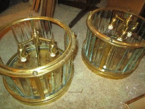 Vintage Brass tone and glass panel pendulum light fixture