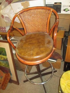 Vintage wicker, wood and metal padded swivel bar stool