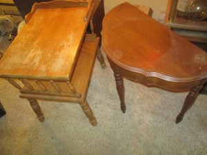 Vintage wood end table plus a wooden crescent shape entry table