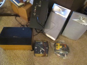 Bookshelf speaker grouping with desk top alarm clock