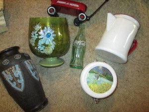 Vintage vases, enamelware pitcher and other decor shown in pics