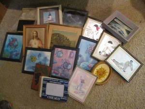 Large variety of Framed wall decor including clowns, fish, nautical, religious and more