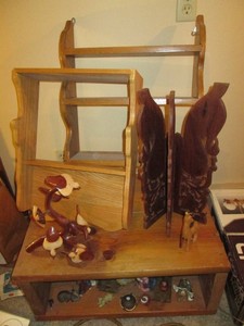 Small wood rolling TV stand, shelves, Nativity scene and wood decor