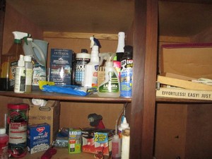(2) Upper cupboards containing a wide variety of household chemicals, electric carving knife, bungee cords and more