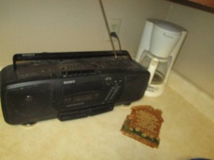 Sony mega bass boombox with Toastmaster drip coffee maker