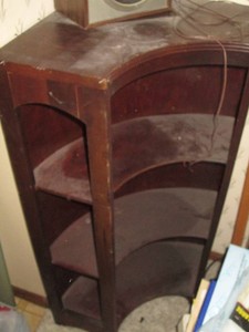 Vintage dark tone Wooden abstract corner shelf approx 27x18x39in