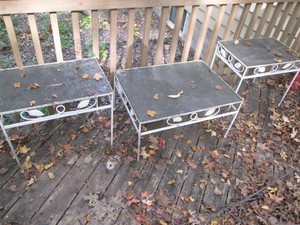 3pc decorative metal framed outdoor end and coffee table set with glass tops