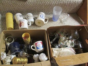 (2) boxes of vintage mugs and glassware