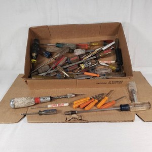Box of Assorted Screwdrivers and Hand Tools