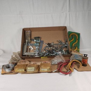Assorted Hardware and Fasteners including Coupler Nuts, Galvanized Wire, Various Mounting Brackets and Hooks