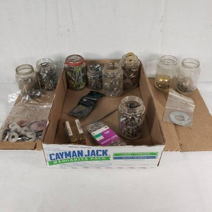 Assorted Mason Jars and Bags of Various Screws, Washers, and Hardware Accessories